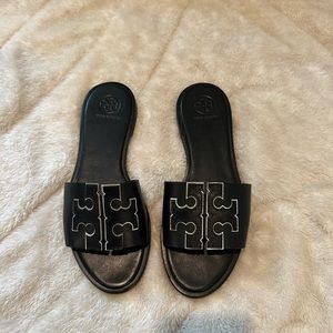 Tory Burch Black/Silver Ines Leather Slide